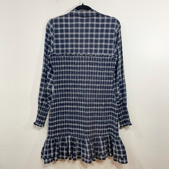 New Veronica Beard Kelsey Smocked Plaid Mini Shirtdress Navy White sz 6 $448 - Picture 5 of 9